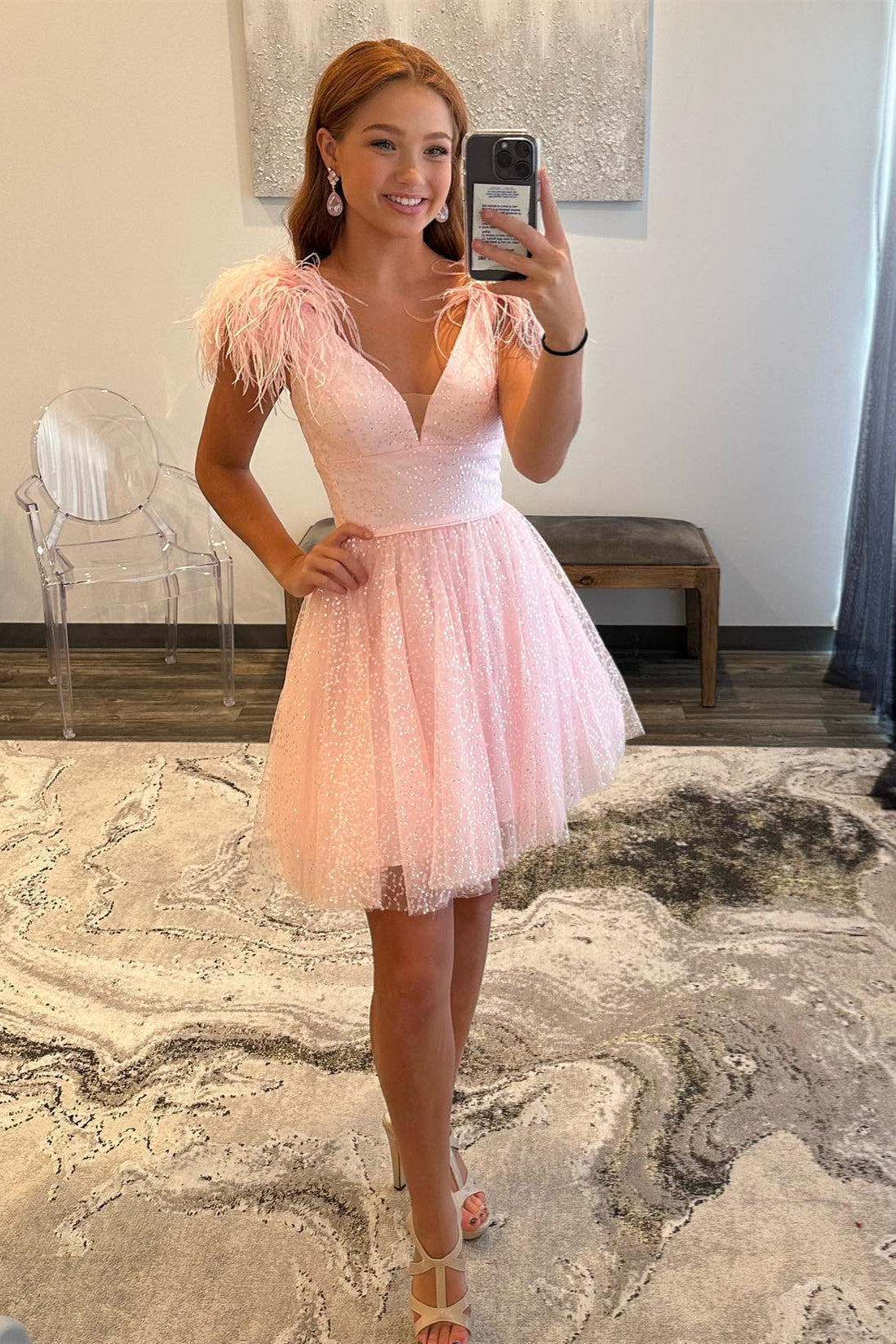 Catherine |A-line Deep V Neck Tulle Homecoming Dress with Feathers - Homecoming Dress - DYAVOR®