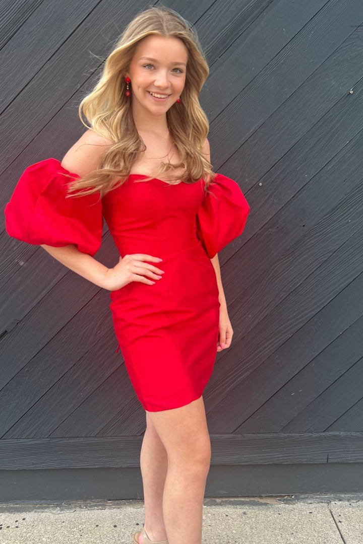 Strapless Red Satin Short Homecoming Dress with Balloon Sleeves - Dresses - DYAVOR®