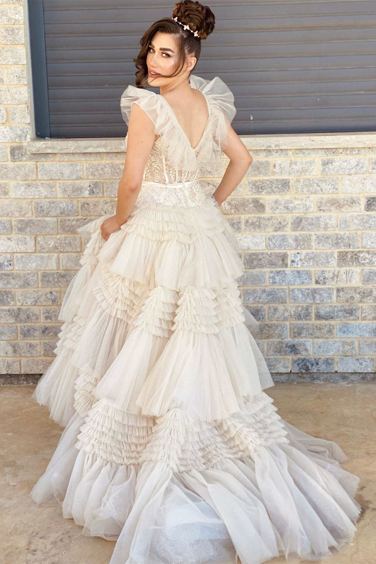 Whitney | V-Neck Ivory Appliques Tiered Tulle Prom Dress with Flying Sleeves - Prom Dress - DYAVOR®