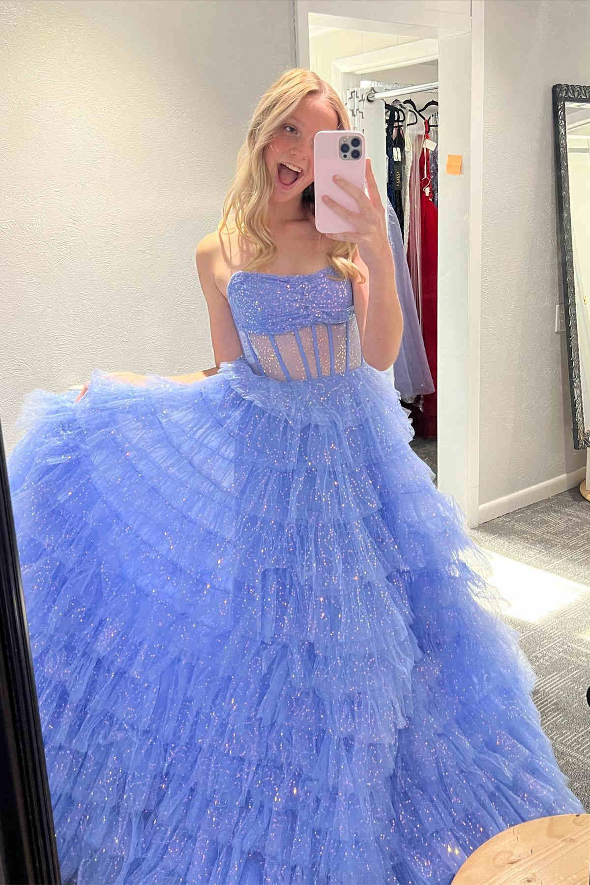 Aubriella |A Line Strapless Corset Glitter Tulle Prom Dress with Ruffles - Prom Dress - DYAVOR®