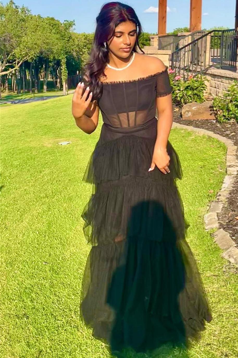 Wilma | Off the Shoulder Black Tiered Tulle Lond Prom Dress - Prom Dress - DYAVOR®