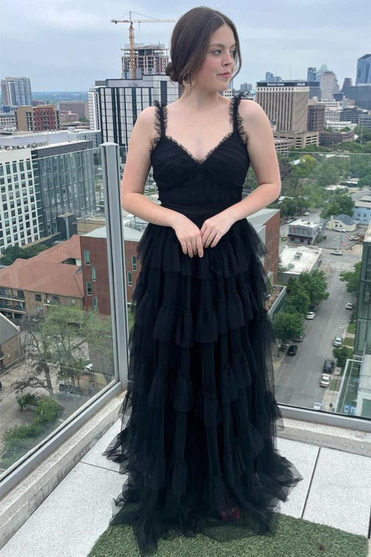 Yasmine | V-Neck Black Layered Tulle A-Line Prom Dress - Prom Dress - DYAVOR®