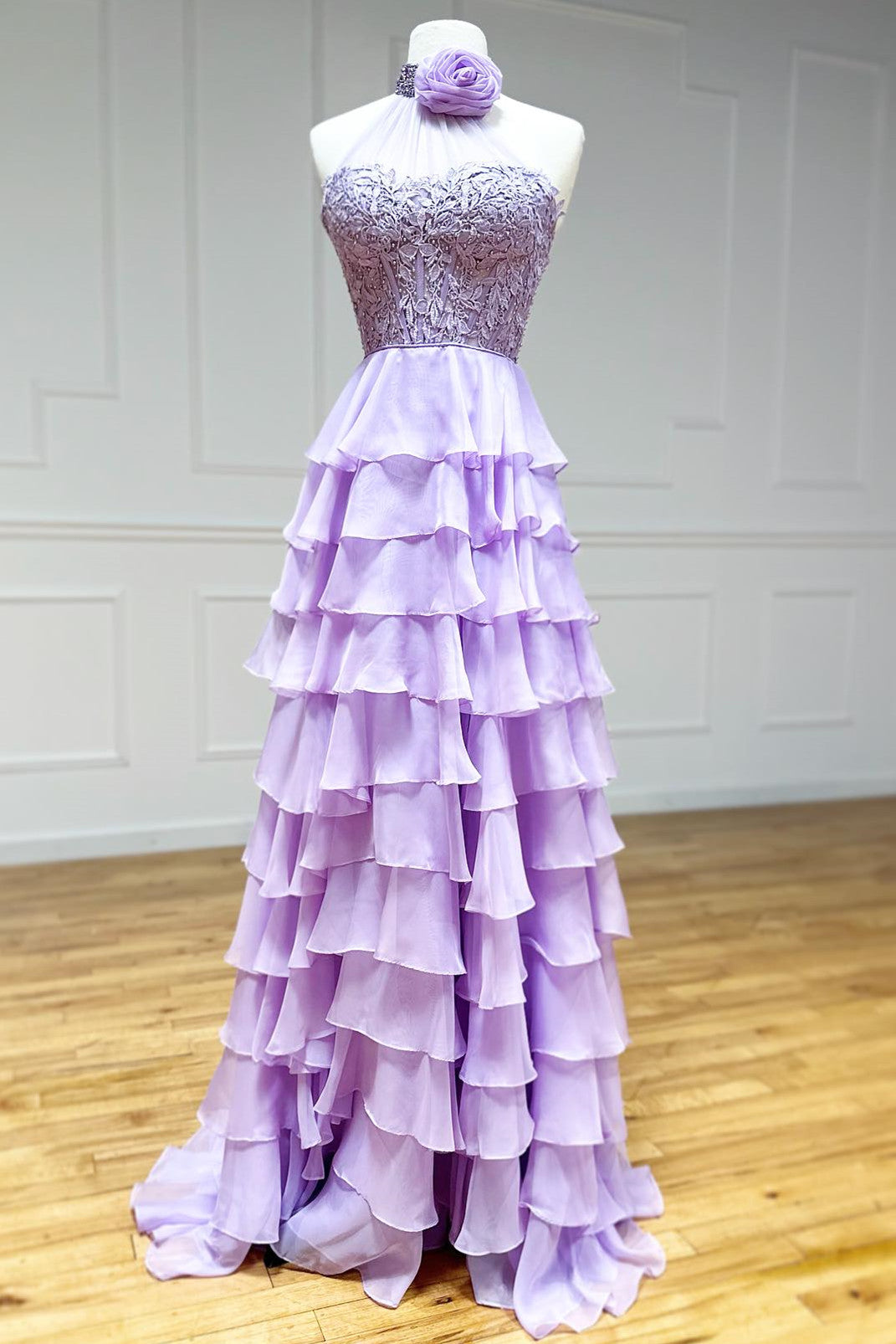 Emerie |A line High Neck Tiered Chiffon Prom Dress with 3D Flower - Prom Dress - DYAVOR®