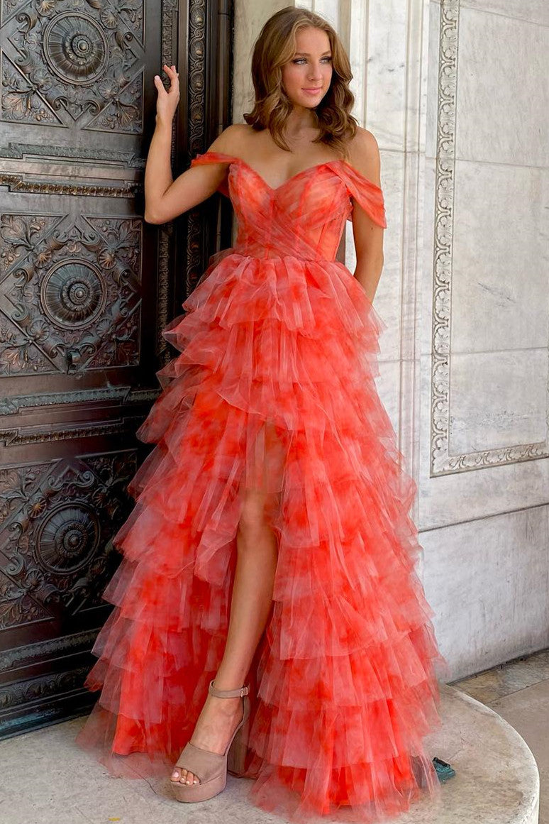 Bettie | Off the Shoulder Coral Print Tiered Long Prom Dress - Prom Dress - DYAVOR®