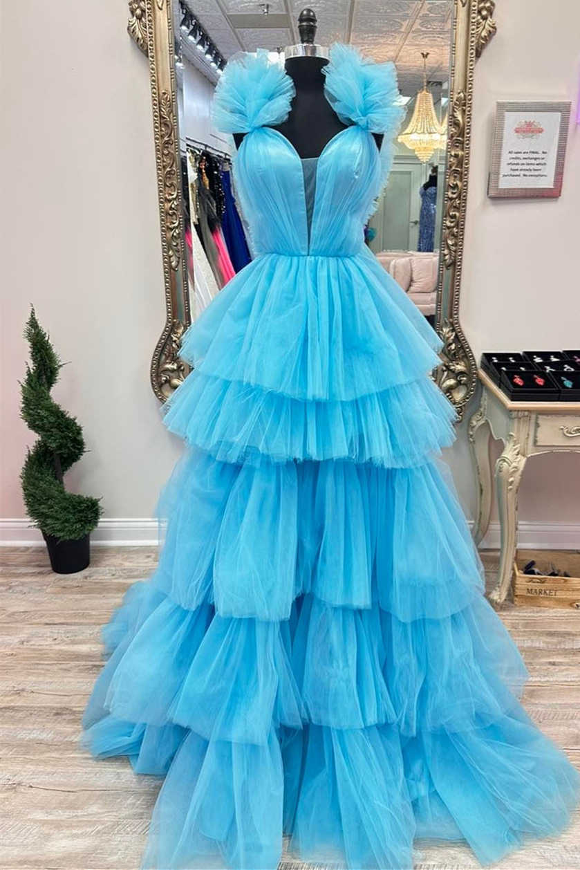 Bernice | Light Blue Ruffle Straps A-Line Tiered Prom Dress - Prom Dress - DYAVOR®