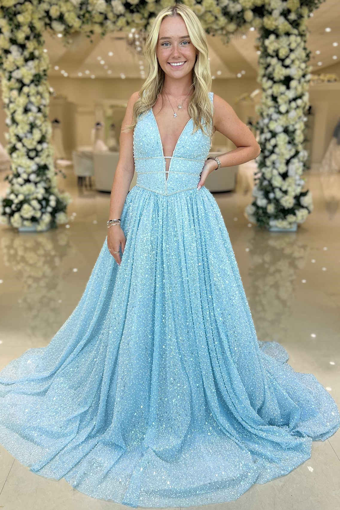 Winnie |A line Plunging V Neck Sequins Prom Dress - Prom Dress - DYAVOR®
