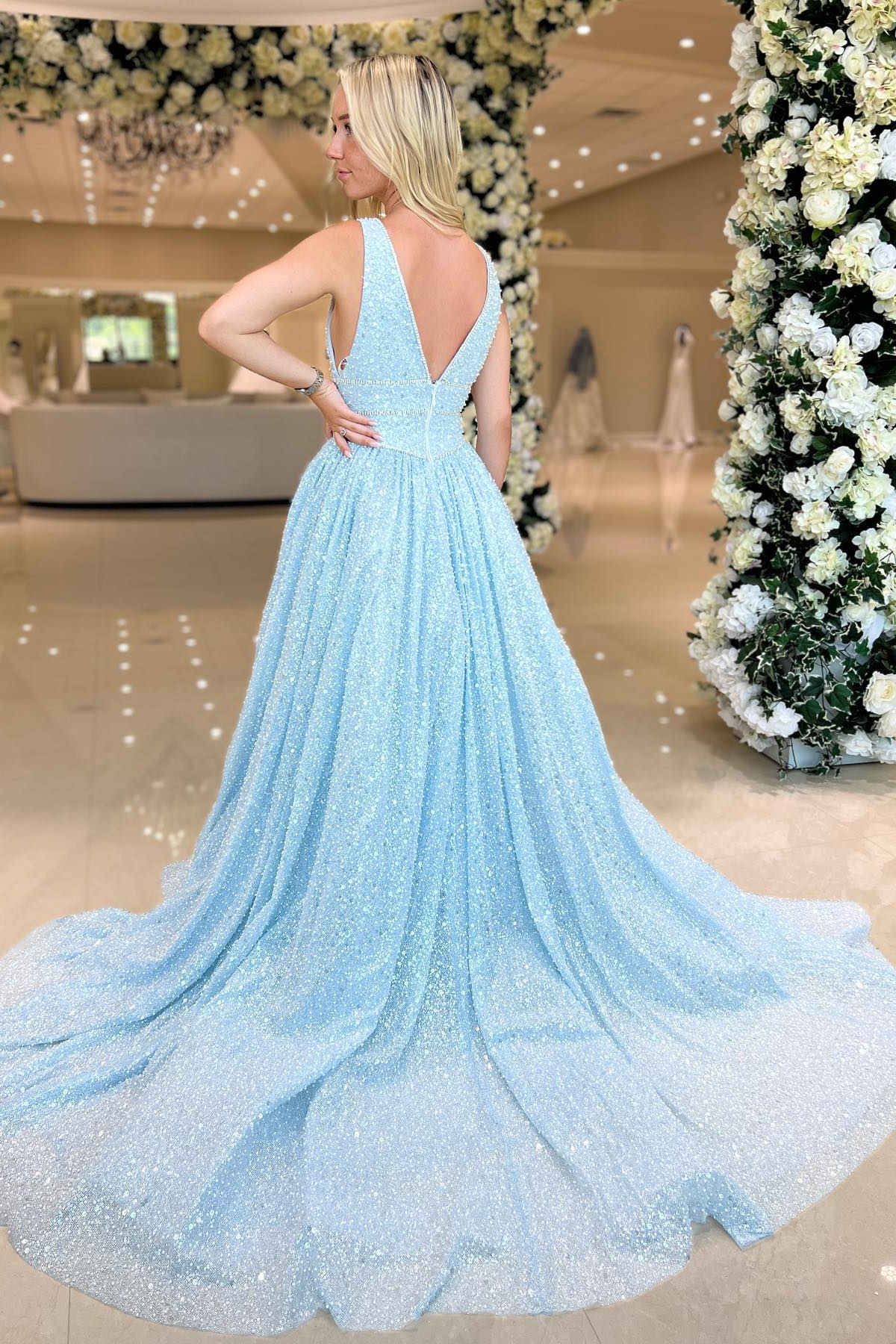 Winnie |A line Plunging V Neck Sequins Prom Dress - Prom Dress - DYAVOR®