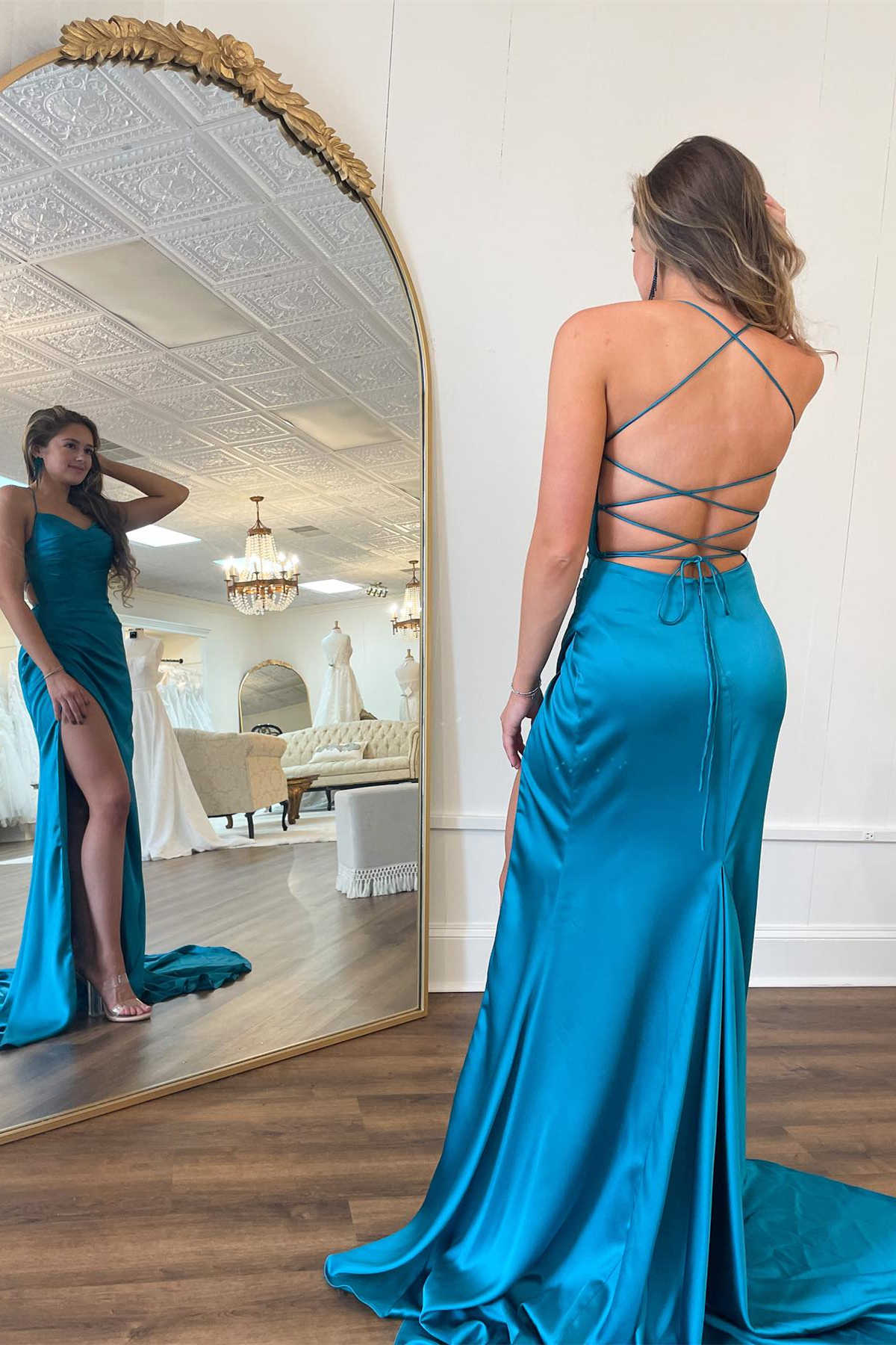 Xyla | Straps Teal V-Neck Ruched Long Prom Dress - Prom Dress - DYAVOR®