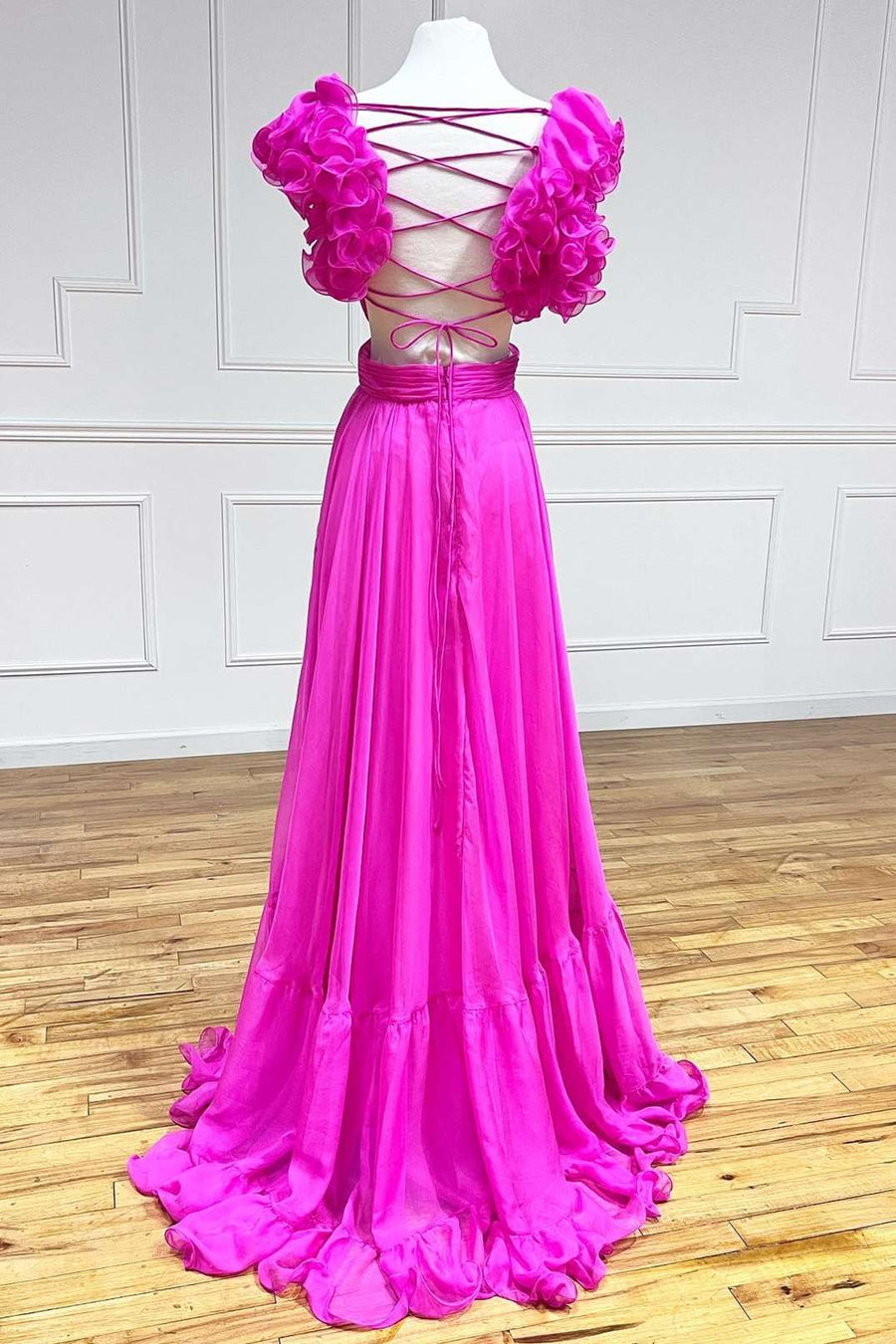 Aadhya | Lace-Up Fuchsia V-Neck Ruffle Pleated Long Prom Dress - Prom Dress - DYAVOR®