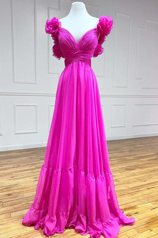 Aadhya | Lace-Up Fuchsia V-Neck Ruffle Pleated Long Prom Dress - Prom Dress - DYAVOR®