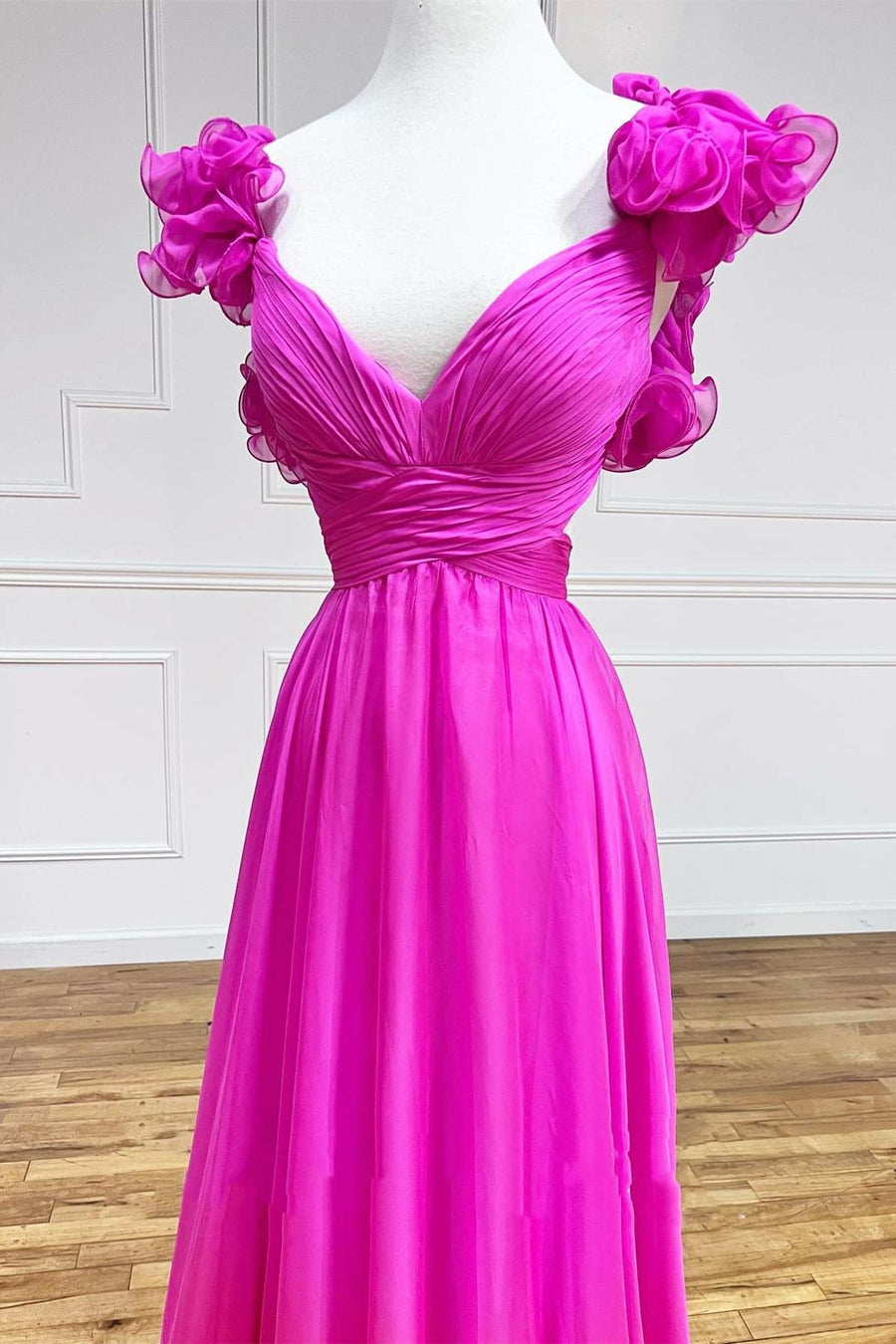 Aadhya | Lace-Up Fuchsia V-Neck Ruffle Pleated Long Prom Dress - Prom Dress - DYAVOR®