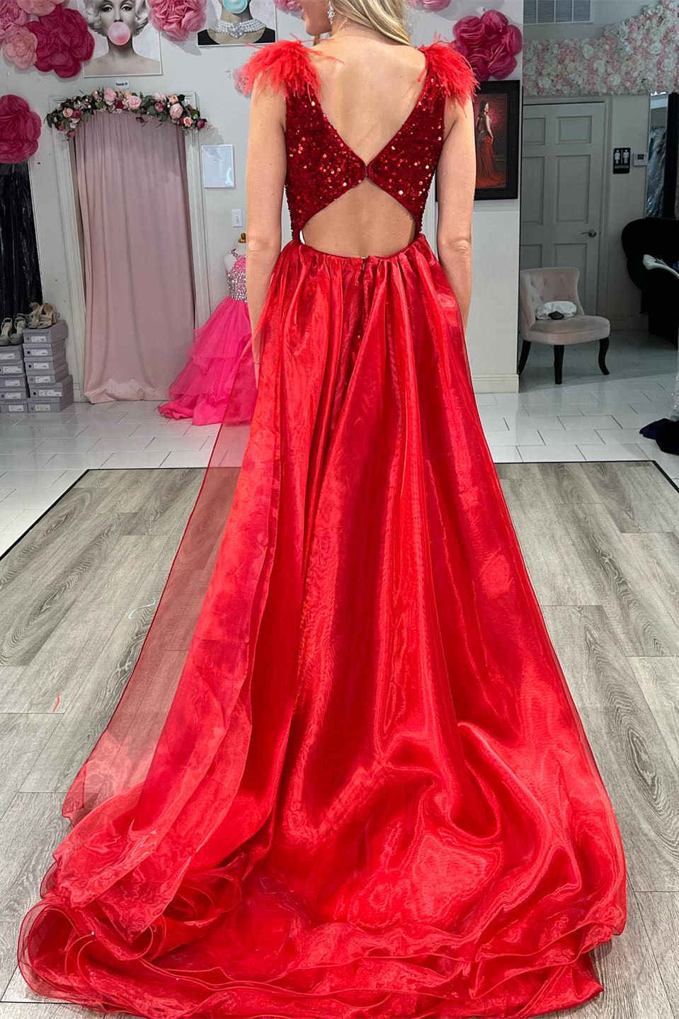 Lilianna | V-Neck Red Sequin Feathers Long Prom Dress with Cape - Prom Dress - DYAVOR®