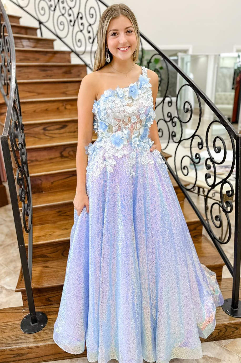 Azaria | Lilac One Shoulder 3D Flowers Sequin Long Formal Dress - Prom Dress - DYAVOR®