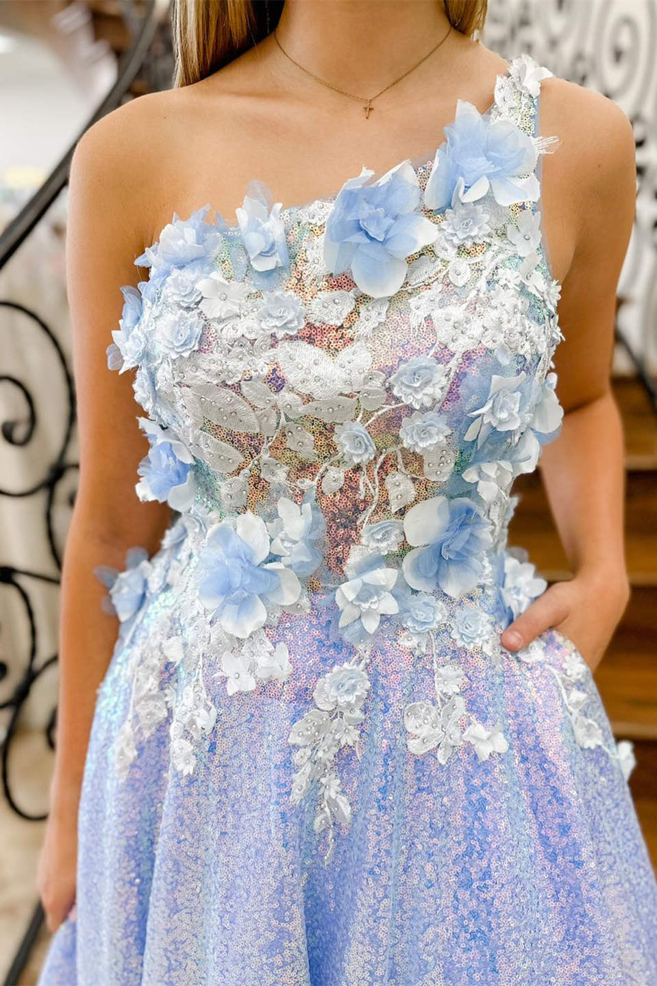 Azaria | Lilac One Shoulder 3D Flowers Sequin Long Formal Dress - Prom Dress - DYAVOR®