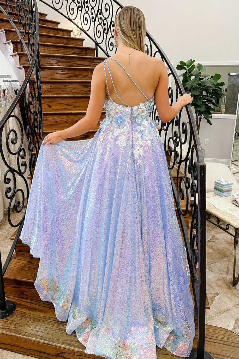 Azaria | Lilac One Shoulder 3D Flowers Sequin Long Formal Dress - Prom Dress - DYAVOR®
