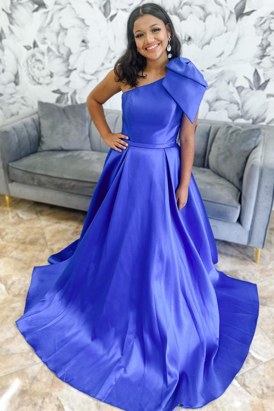 Aliya | Red One Shoulder Bow Tie Satin Prom Dress with Pockets - Prom Dress - DYAVOR®