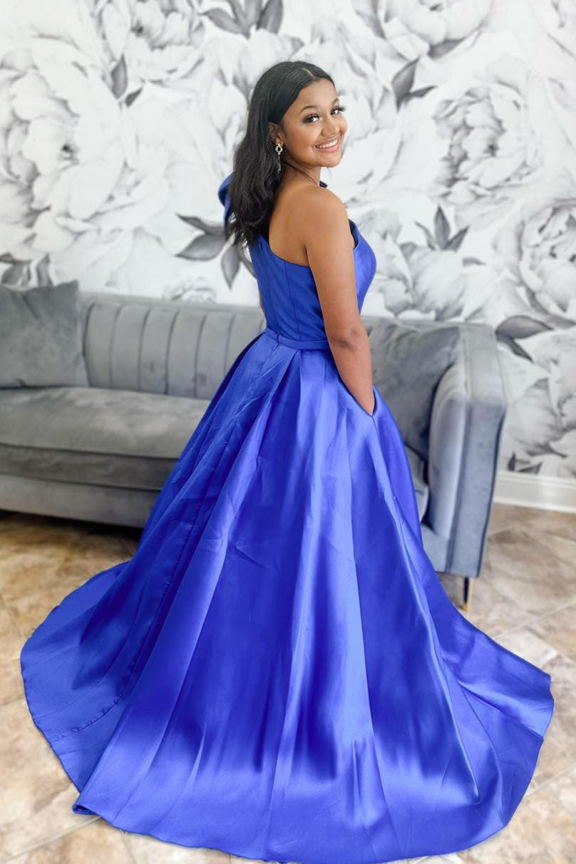 Aliya | Red One Shoulder Bow Tie Satin Prom Dress with Pockets - Prom Dress - DYAVOR®