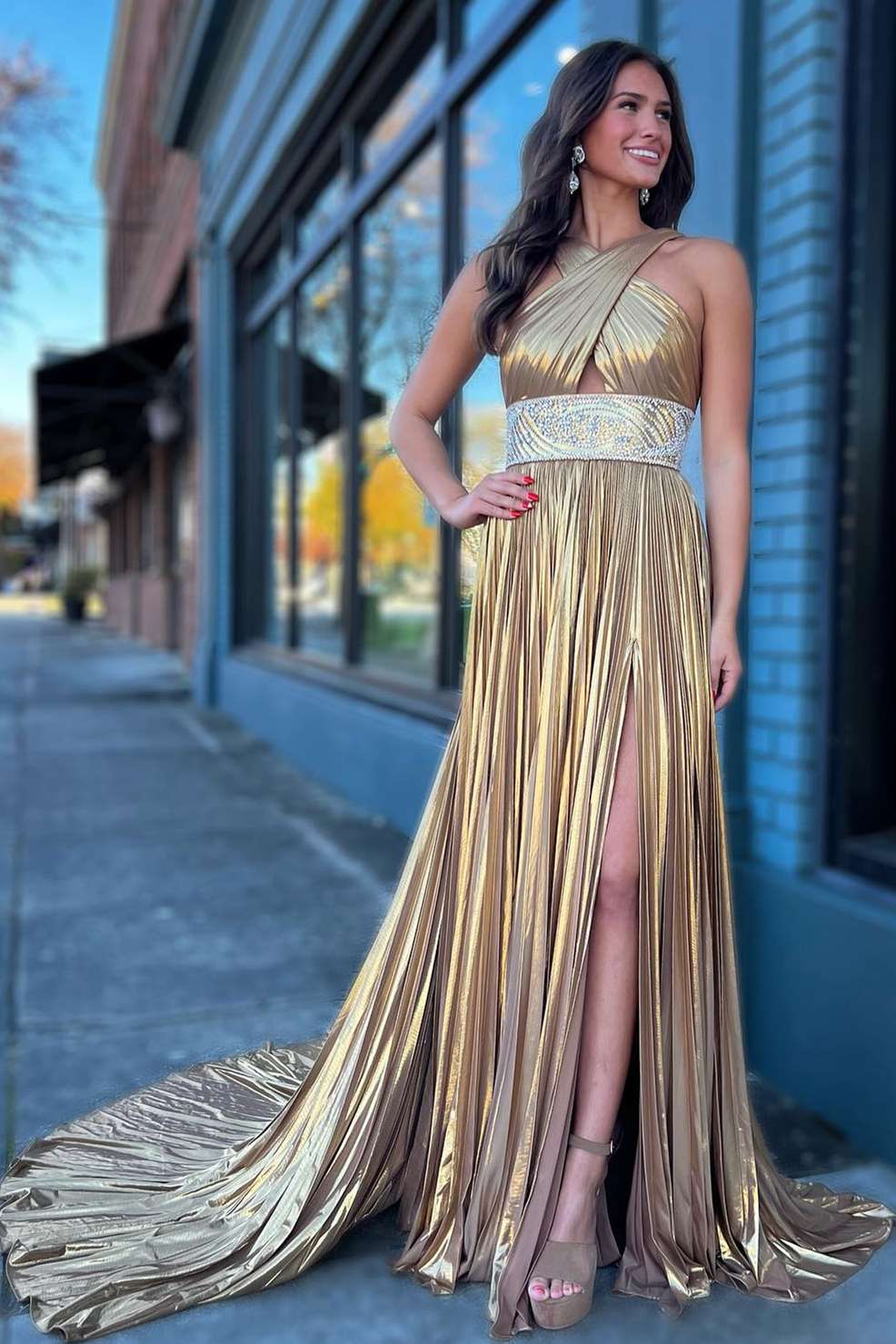 Macy | Pleated Criss Cross Straps Metallic Long Prom Dress - Prom Dresses - DYAVOR®