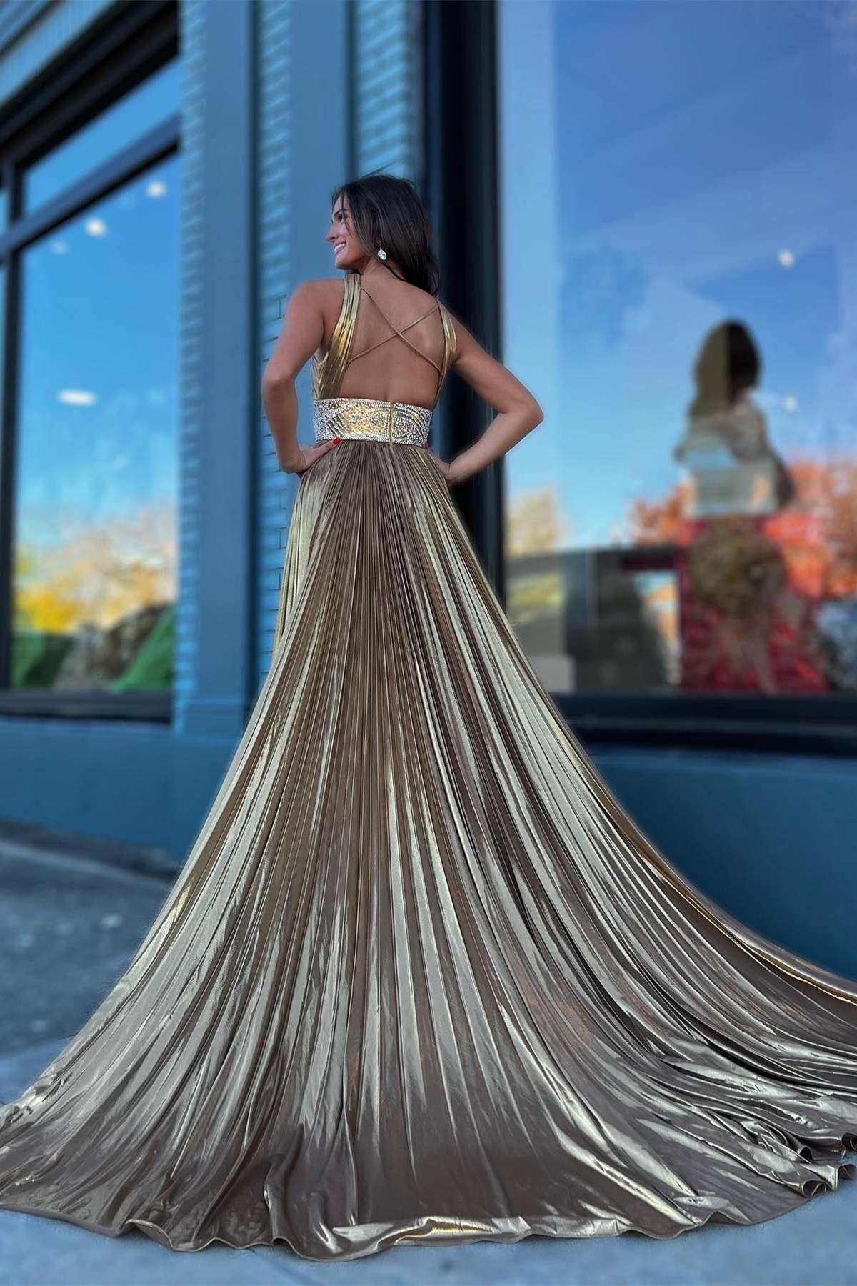 Macy | Pleated Criss Cross Straps Metallic Long Prom Dress - Prom Dresses - DYAVOR®