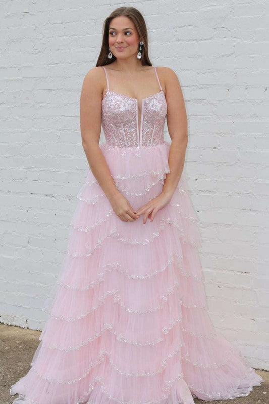 Angie | Straps Plunging Neck Pink Sequin Tiered Prom Gown - Prom Dresses - DYAVOR®