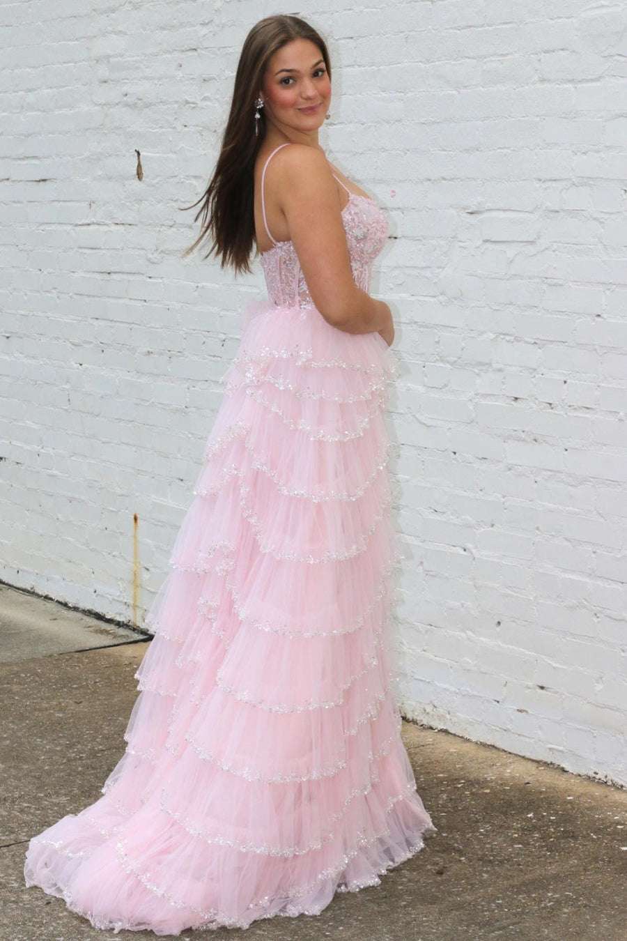 Angie | Straps Plunging Neck Pink Sequin Tiered Prom Gown - Prom Dresses - DYAVOR®