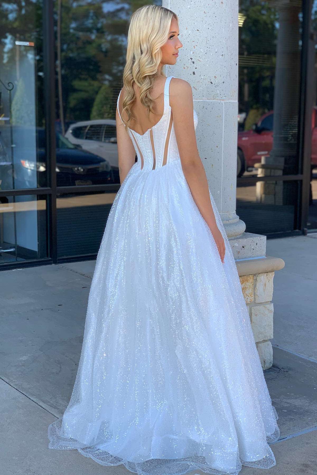 Priscilla | Square Neck White Sequin A-Line Prom Dress - Prom Dresses - DYAVOR®