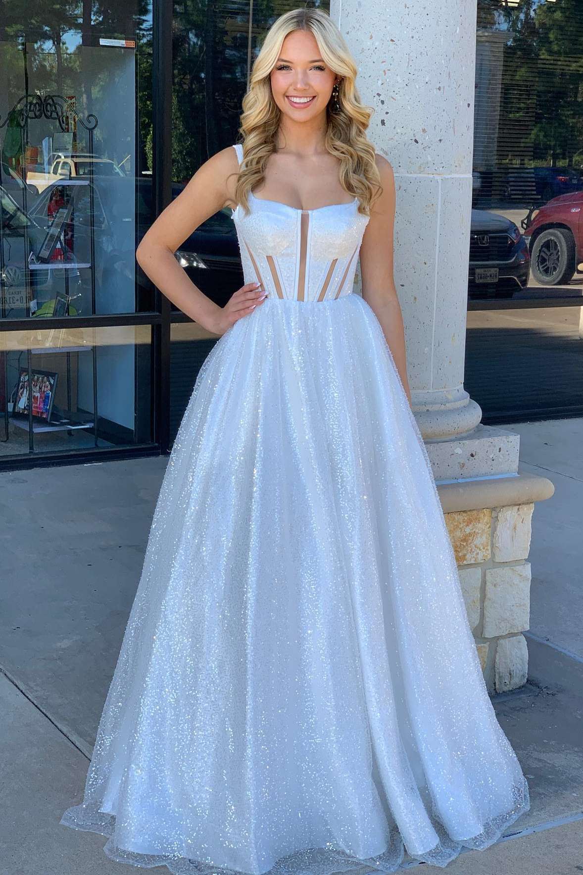 Priscilla | Square Neck White Sequin A-Line Prom Dress - Prom Dresses - DYAVOR®