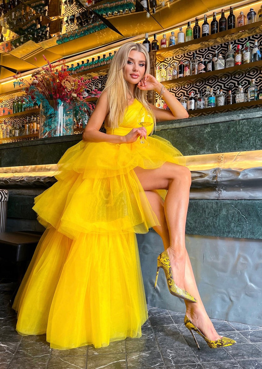 Lush Yellow One-Shoulder Dress - - DYAVOR®