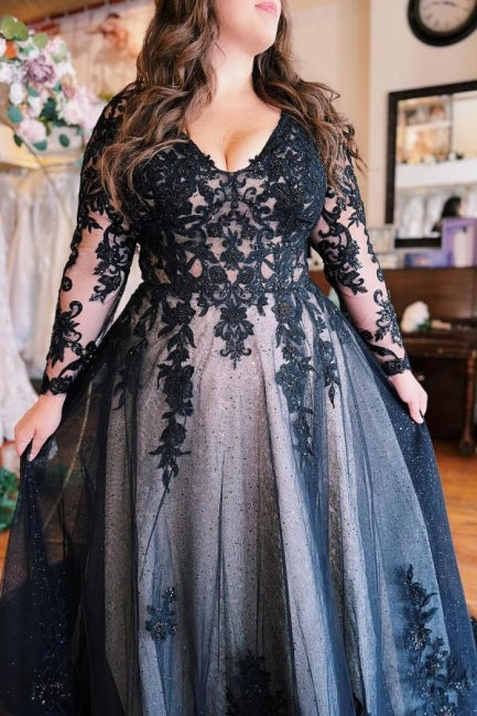 Floor-Length A-Line Split Front Long Sleeves V-Neck Prom Dresses with Appliques - Prom Dresses - DYAVOR®