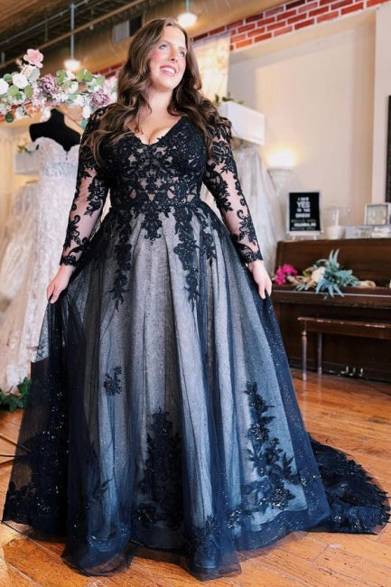 Floor-Length A-Line Split Front Long Sleeves V-Neck Prom Dresses with Appliques - Prom Dresses - DYAVOR®