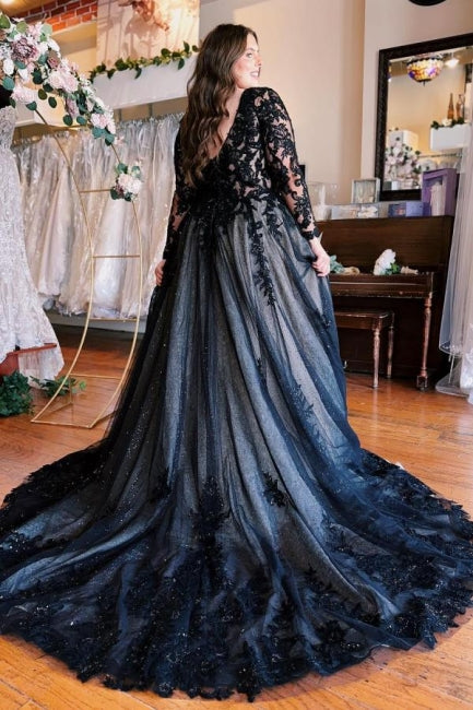 Floor-Length A-Line Split Front Long Sleeves V-Neck Prom Dresses with Appliques - Prom Dresses - DYAVOR®