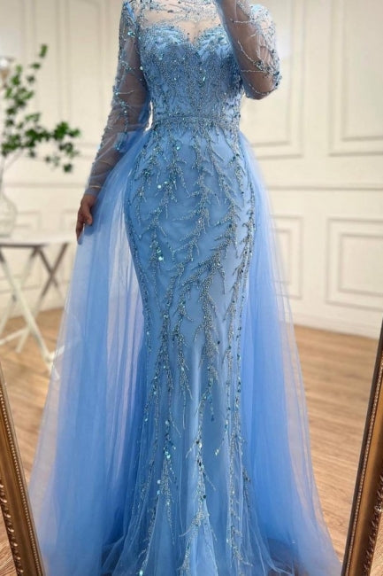 Floor-Length Mermaid Tulle Long Sleeves Beadings Ocean Blue Prom Dresses with Appliques - Prom Dresses - DYAVOR®