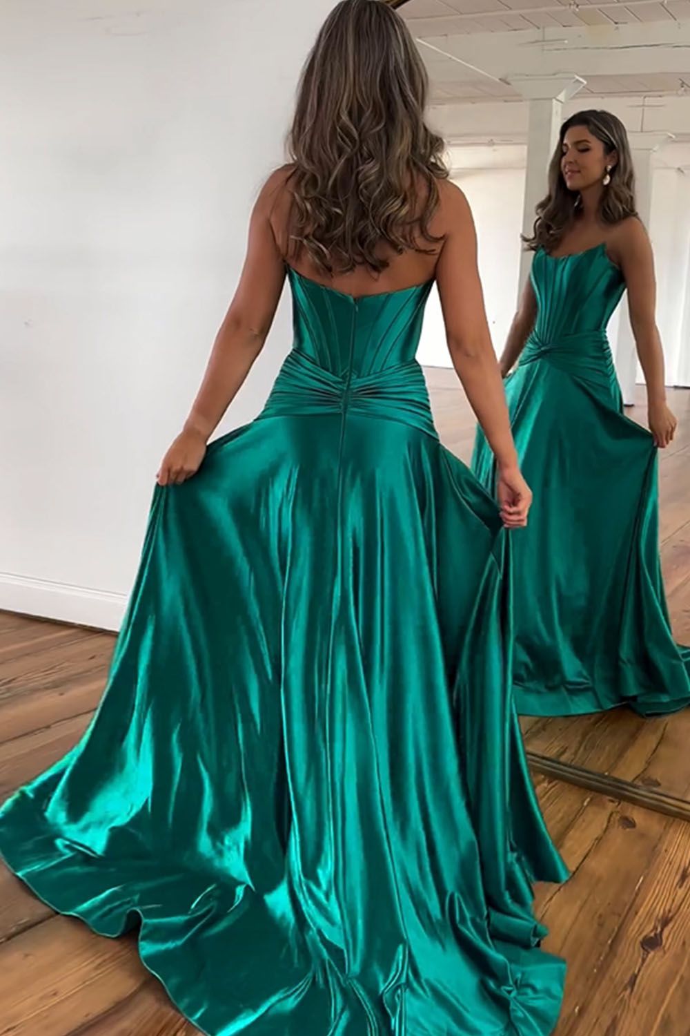 Annette | Green A-Line Strapless Zipper Back Long Satin Prom Dress With Split - Prom Dresses - DYAVOR®