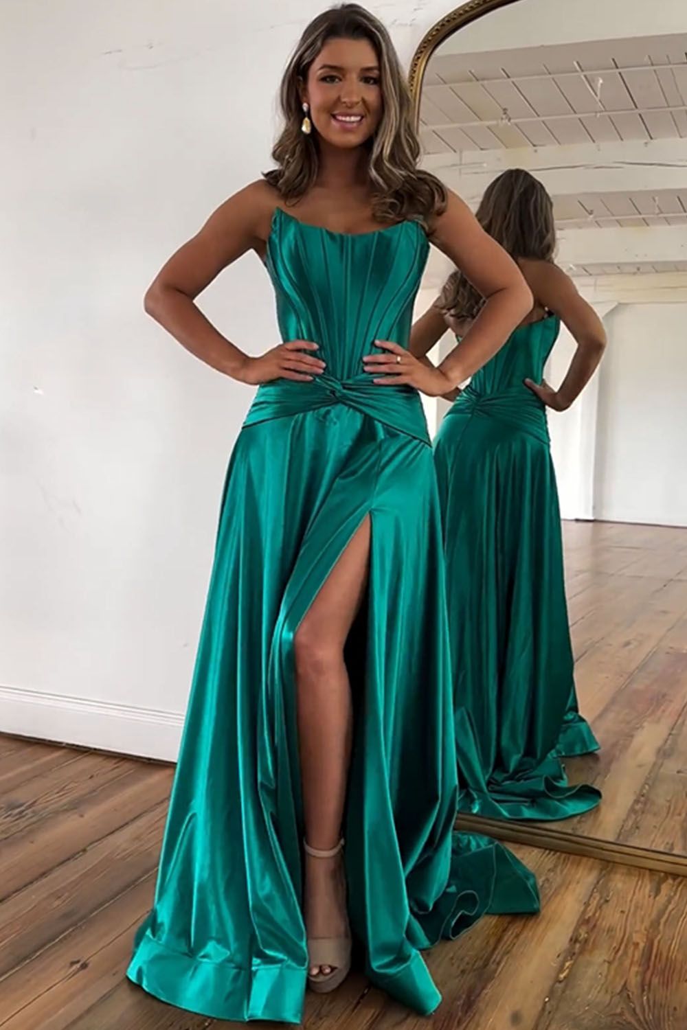 Annette | Green A-Line Strapless Zipper Back Long Satin Prom Dress With Split - Prom Dresses - DYAVOR®