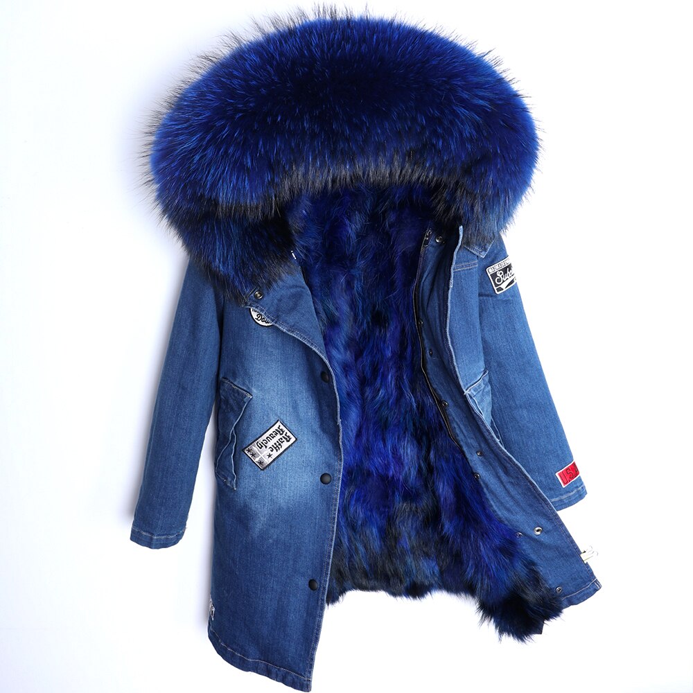Maomaokong Real Raccoon Fur Coat Fox Collar Denim Coats Winter Jackets Women Parkas Hooded Real Rabbit Fur Liner Women's Jacket -  - DYAVOR®