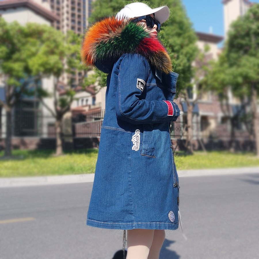 Maomaokong Real Raccoon Fur Coat Fox Collar Denim Coats Winter Jackets Women Parkas Hooded Real Rabbit Fur Liner Women's Jacket - - DYAVOR®