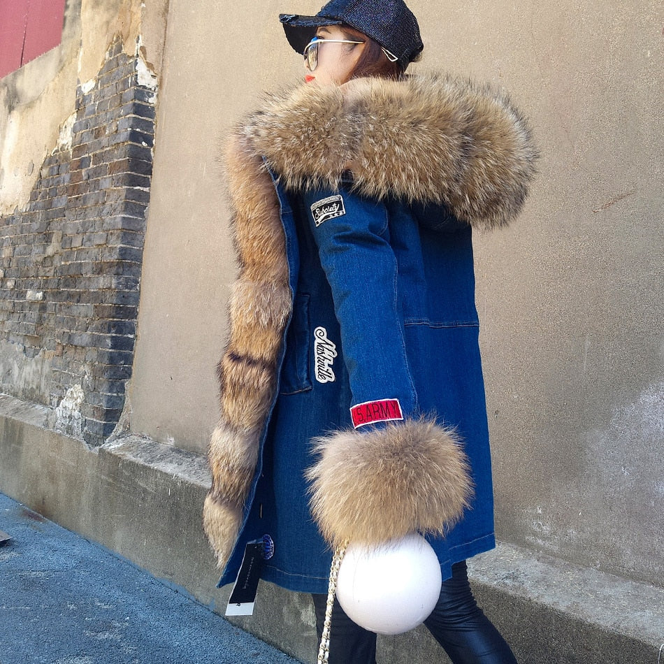 Maomaokong Real Raccoon Fur Coat Fox Collar Denim Coats Winter Jackets Women Parkas Hooded Real Rabbit Fur Liner Women's Jacket - - DYAVOR®