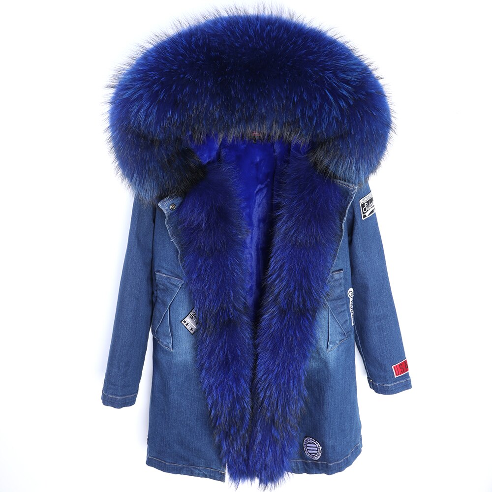 Maomaokong Real Raccoon Fur Coat Fox Collar Denim Coats Winter Jackets Women Parkas Hooded Real Rabbit Fur Liner Women's Jacket - - DYAVOR®