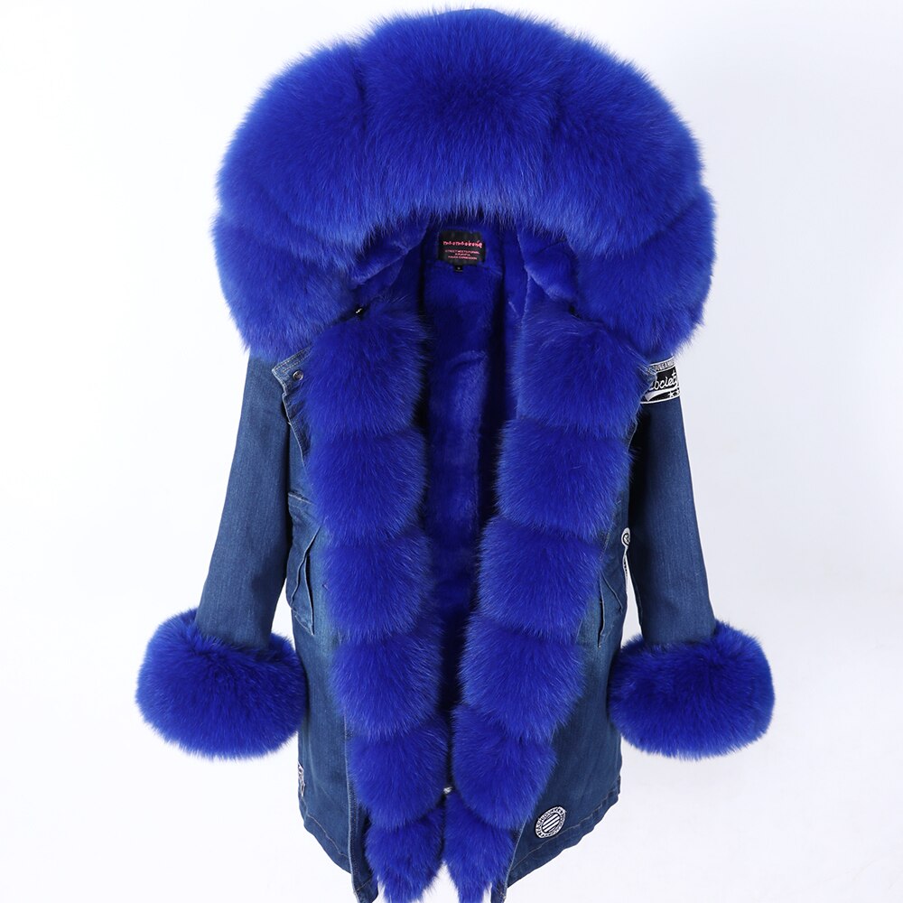 Maomaokong Real Raccoon Fur Coat Fox Collar Denim Coats Winter Jackets Women Parkas Hooded Real Rabbit Fur Liner Women's Jacket -  - DYAVOR®