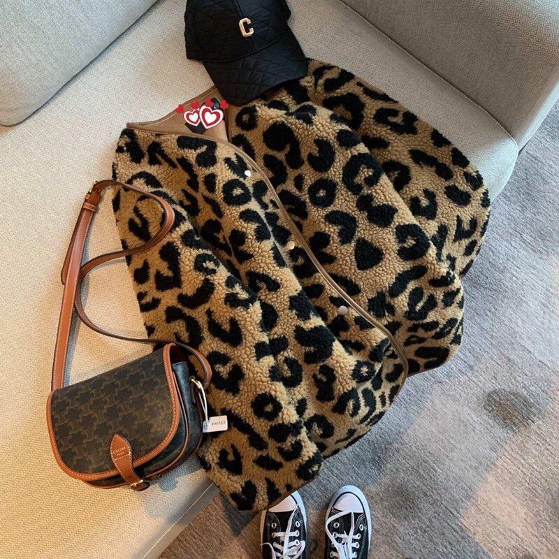 Leopard fur integrated short coat women autumn winter versatile 2021 Korean version loose thin casual thickening jacket - - DYAVOR®