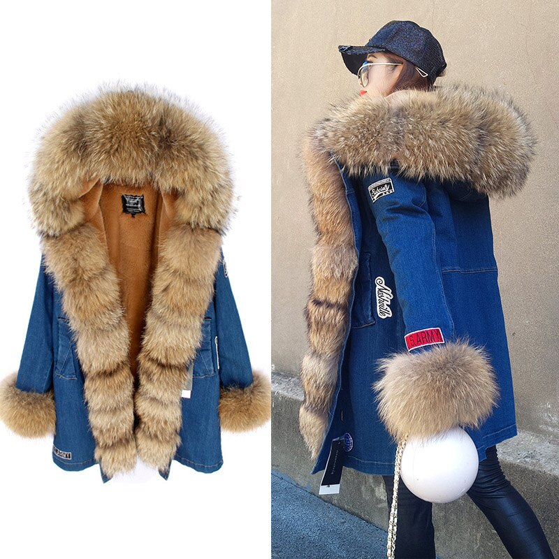 Maomaokong Real Raccoon Fur Coat Fox Collar Denim Coats Winter Jackets Women Parkas Hooded Real Rabbit Fur Liner Women's Jacket -  - DYAVOR®