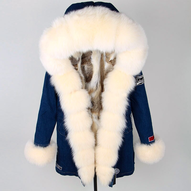Maomaokong Real Raccoon Fur Coat Fox Collar Denim Coats Winter Jackets Women Parkas Hooded Real Rabbit Fur Liner Women's Jacket -  - DYAVOR®