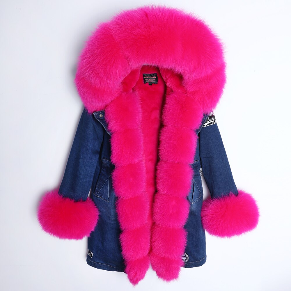 Maomaokong Real Raccoon Fur Coat Fox Collar Denim Coats Winter Jackets Women Parkas Hooded Real Rabbit Fur Liner Women's Jacket - - DYAVOR®