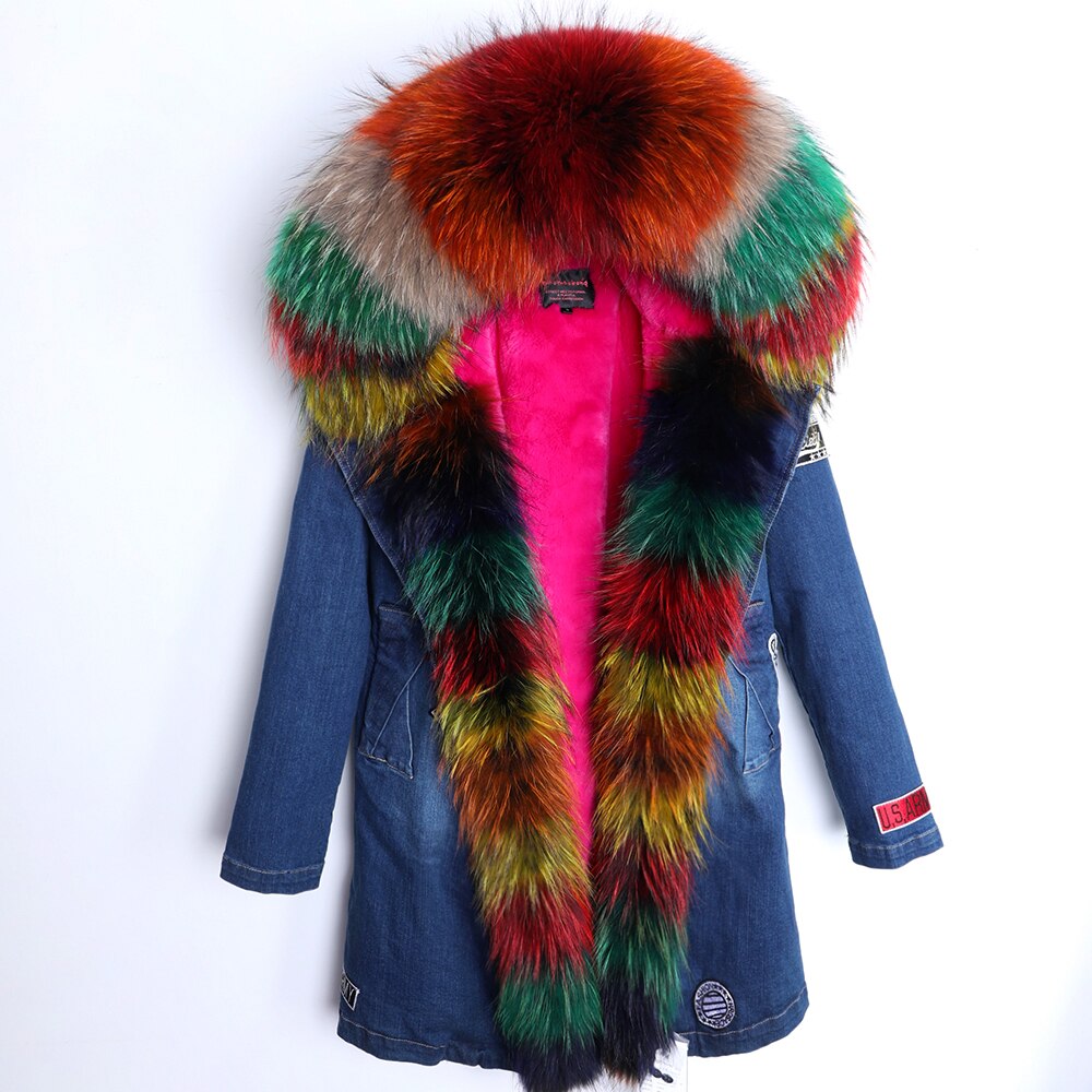 Maomaokong Real Raccoon Fur Coat Fox Collar Denim Coats Winter Jackets Women Parkas Hooded Real Rabbit Fur Liner Women's Jacket - - DYAVOR®