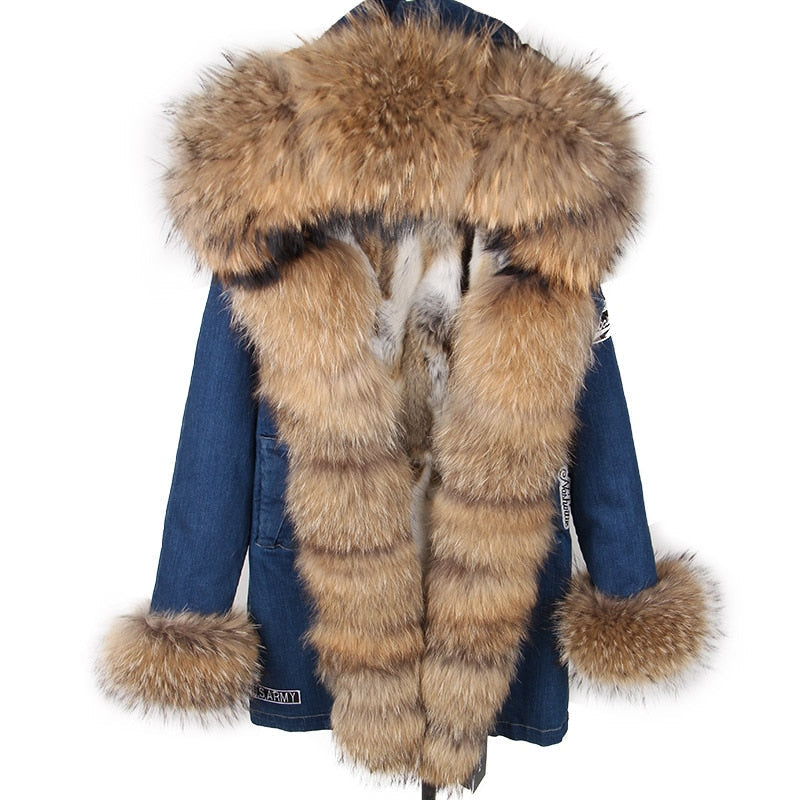 Maomaokong Real Raccoon Fur Coat Fox Collar Denim Coats Winter Jackets Women Parkas Hooded Real Rabbit Fur Liner Women's Jacket - - DYAVOR®