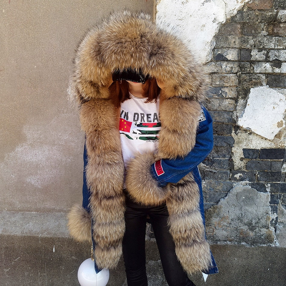 Maomaokong Real Raccoon Fur Coat Fox Collar Denim Coats Winter Jackets Women Parkas Hooded Real Rabbit Fur Liner Women's Jacket -  - DYAVOR®