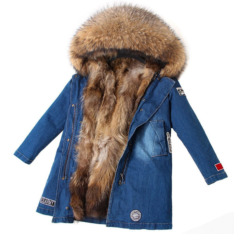 Maomaokong Real Raccoon Fur Coat Fox Collar Denim Coats Winter Jackets Women Parkas Hooded Real Rabbit Fur Liner Women's Jacket -  - DYAVOR®