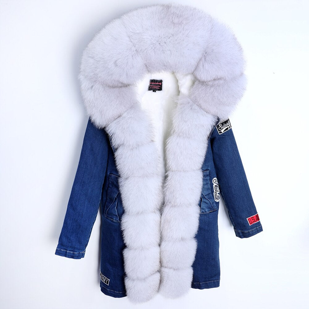 Maomaokong Real Raccoon Fur Coat Fox Collar Denim Coats Winter Jackets Women Parkas Hooded Real Rabbit Fur Liner Women's Jacket - - DYAVOR®