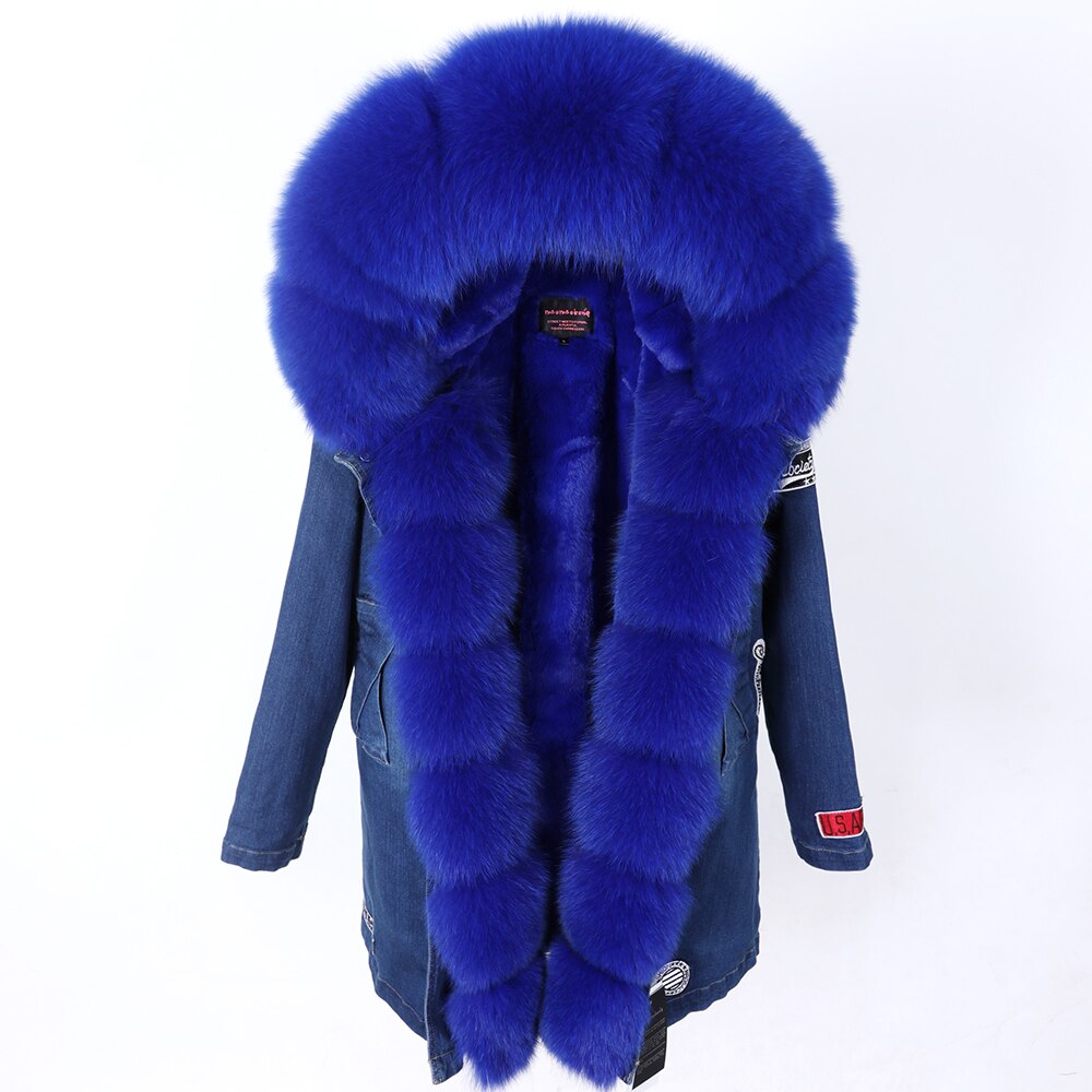 Maomaokong Real Raccoon Fur Coat Fox Collar Denim Coats Winter Jackets Women Parkas Hooded Real Rabbit Fur Liner Women's Jacket - - DYAVOR®