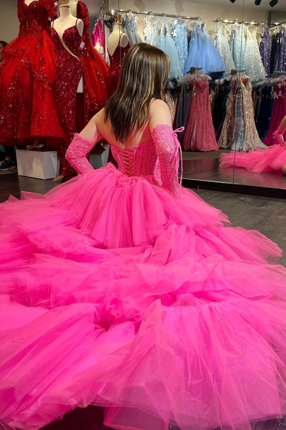 Sue | Hot Pink Off-Shoulder A-line Tulle Layers Applique Hi-Low Prom Dress - Prom Dress - DYAVOR®